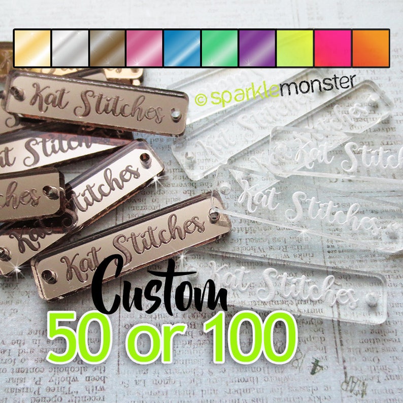 Large Custom Tags - rectangle shaped, CHOOSE 1 COLOR, qty 50 or 100, clear, mirror, neon, choose your text, engraved, purse label 
