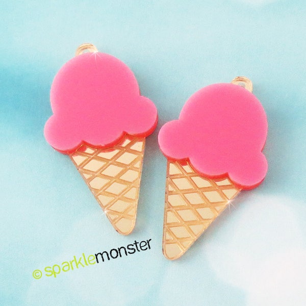 Ice Cream Cones - 2 pcs, charms, pink, gold mirror, laser cut acrylic, cabochons, waffle cone, kawaii