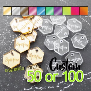 Custom Jewelry Tags - hexagon shaped, CHOOSE 1 COLOR, qty 50 or 100, mirrored, choose color, your text, engraved
