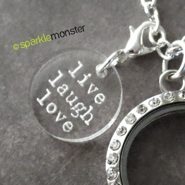 Live Laugh Love - locket dangle, USA seller, 1 piece, laser cut acrylic, clear, glass locket style