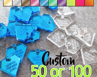 Custom Jewelry Tags - diamond shaped, CHOOSE 1 COLOR, qty 50 or 100, clear, mirrored, neon, your text, engraved