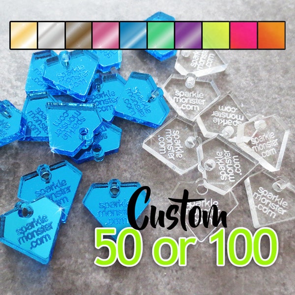 Custom Jewelry Tags - diamond shaped, CHOOSE 1 COLOR, qty 50 or 100, clear, mirrored, neon, your text, engraved