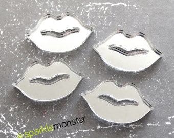 Lip Cabs - 4 pcs, silver mirror, laser cut acrylic, cabochons, flat backs, kiss