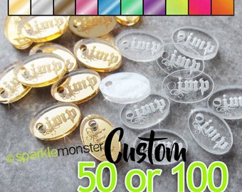 Custom Jewelry Tags - oval shaped, CHOOSE 1 COLOR, qty 50 or 100, mirrored, clear, your text, engraved, laser cut