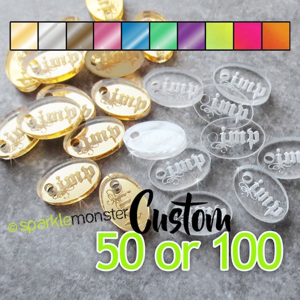 Custom Jewelry Tags - oval shaped, CHOOSE 1 COLOR, qty 50 or 100, mirrored, clear, your text, engraved, laser cut