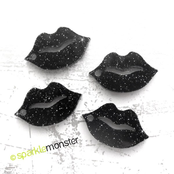 Charms gothiques pour les lèvres - 4 pcs, paillettes noires, acrylique découpé au laser, breloques, dos plats, baiser
