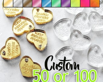 Custom Jewelry Tags, heart shaped, CHOOSE 1 COLOR, qty 50 or 100, clear, mirrored, fluorescent, your text, engraved