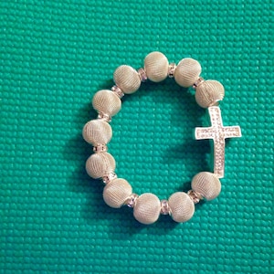 Rhinestone Cross Beaded Bracelet, Silver Stretch Beaded Cross Bracelet, Rhinestone Cross Jewelry, Big Beaded Bracelet, Bling Bracelet