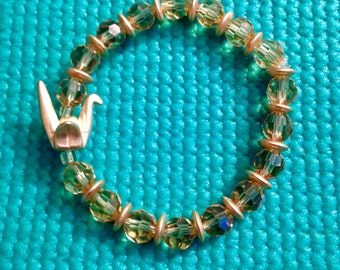 Crane Beaded Stretch Bracelet, Beaded Stretch Bracelet, Crystal Beaded Bracelet, Origami Crane Beaded Bracelet, Matte Gold Beaded Bracelet