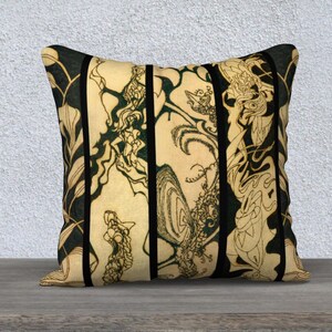 May include: A decorative throw pillow with a black and cream design featuring abstract floral patterns and black stripes.