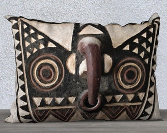 African Art • Pillow Cover • Oblong/Rectangular 20x14 • Featuring Exclusive Bobo Bwa Hawk Mask Design • Polyester Velveteen