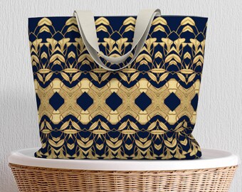 Torba typu tote • Duża torba typu supersize • Lilie (granatowa), wyjątkowy wzór trawiony słońcem • Funkcjonalna sztuka • Płótno bawełniane lub poliestrowe • 20 szer. x 15 wys. x 4 gł.