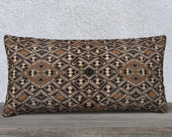 African Art • Pillow Cover • Oblong/Rectangular 24x12 • Featuring Exclusive Design (Var #2) Based on Kuba Cloth • Polyester Velveteen