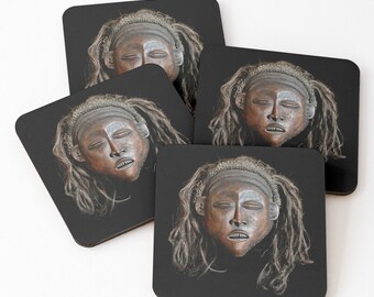Coasters • African Art • Luchazi Pwo Pwevo Mask Design • Set of 4 • Cork Back• Ethnographic Art Image Series Tribal Art• Bar Ware Drink Ware
