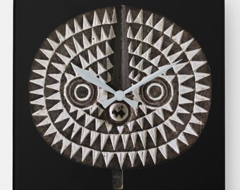 Square Wall Clock • African Art • Featuring Portrait of Bobo Bwa Sun Mask • PLS READ DESCRIP before purchase