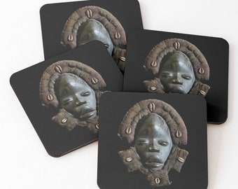 Coasters • African Art • Dan Face Mask Design • Set of 4 • Cork Back • Ethnographic Art Image Series Tribal Art • Bar Ware Drink Ware