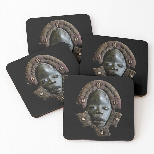 Coasters • African Art • Dan Face Mask Design • Set of 4 • Cork Back • Ethnographic Art Image Series Tribal Art • Bar Ware Drink Ware