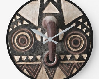 Round Wall Clock • African Art • Featuring Portrait of Bobo Bwa Hawk Mask • PLS READ DESCRIP before purchase