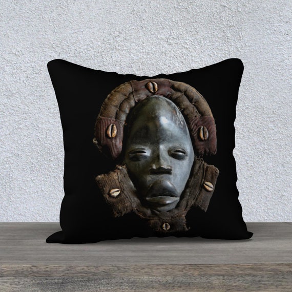 African Art • Pillow Cover • Square 18x18 or 22x22 • Featuring Exclusive Dan Face Mask Design • Polyester Velveteen
