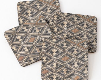 Coasters • African Art • Kuba Cloth Design • Set of 4 • Cork Back • Ethnographic Art Image Series • Tribal Art • Bar Ware Drink Ware
