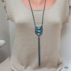 Brass extra long fringe tassel Western necklace, vintage cowgirl turquoise stone jewelry, retro country chain link metal bronze boho hippie