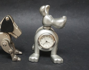 Dog shape office organizers, brushed metal clock, spring wire coil spiral card mail holder, watch silver tone vintage table desk accessory