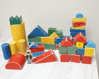 41 mismatched wooden blocks cubes, distressed multi shape donkey Toy Kid Vintage Retro eco Game red blue yellow primitive old cottage chic