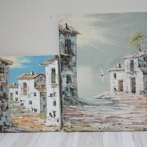 Alfredo Gisbert large 2 original oil old town painting signed picture unframed wall hanging Spanish landscape vintage on canvas art work