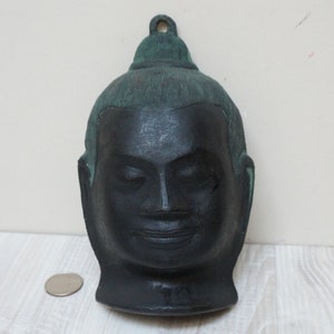 Heavy Metal brass bronze Buddha face, wall hanging Serene sculpture Bodhisattva figure black meditation peaceful mask handmade Feng Shui old