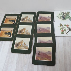 11 posavasos con temática de bosque, animales, conejo, liebre, ciervo, urogallo negro, cartón, corcho, juego de tapete, pájaro carpintero, herrerillo común, vintage, retro, cuadrado, decoración del hogar
