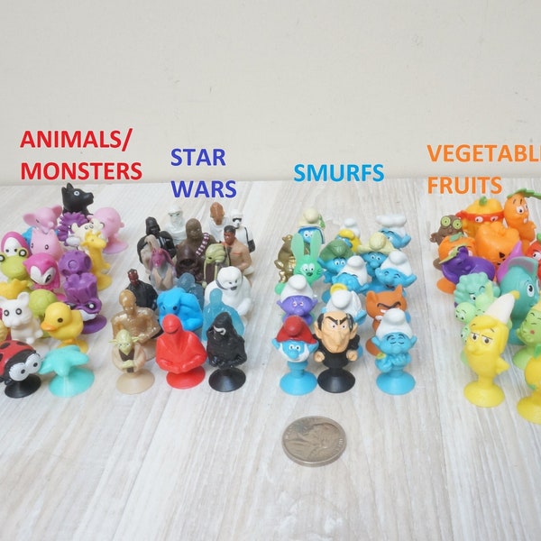 Choose set of 10 random suction cup toy figurine themed: Star Wars, Smurfs, Animal/Monster, Vegetables Sticky figure doll action stikeez old