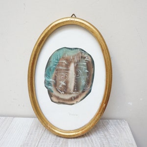 Mini dipinto originale firmato L Haber acquerello astratto, quadro ovale in legno con cornice, piccolo uccello, paesaggio naturale, da appendere alla parete, dorato