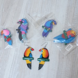 Wooden parrot dangle earrings, Exotic Jewelry vintage tropical bird animal boho jungle neon pink handmade made in Indonesia figure carved