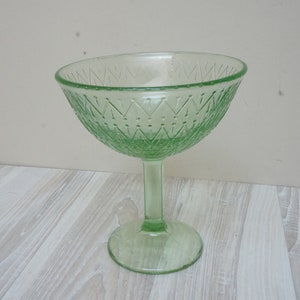 May include: A green glass bowl with a geometric pattern on the side. The bowl is on a white wooden surface.