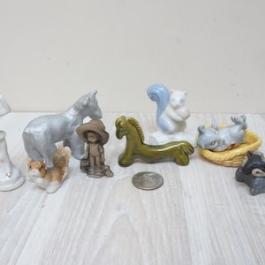 9 minibeeldje, konijn eekhoorn ram schaap ballerina meisje ijsbeer beeldje set porselein keramiek porselein kaart memohouder dier