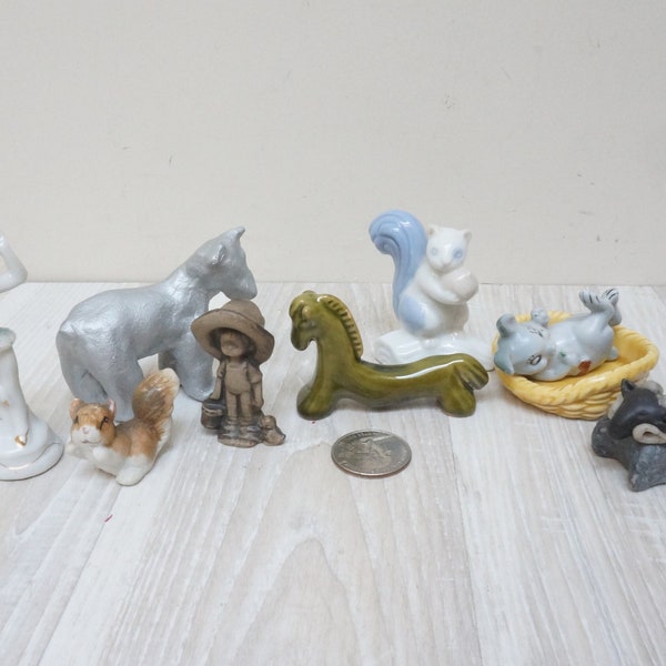 9 mini statuette, bunny rabbit squirrel ram sheep ballerina girl polar bear figurine set of porcelain ceramic china card memo holder animal