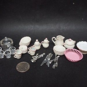 Choose set 1:12 Bodo Hennig Dollhouse Miniature kitchen dinnerware, enameled teapot sugar creamer silverware pot toy metal German doll house