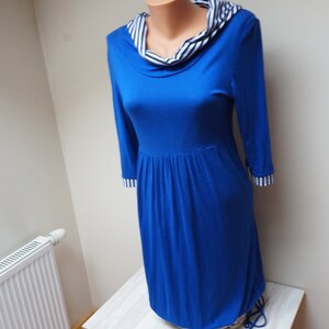 Hooded Jersey cobalt blue stripe cowl dress Retro Vintage Europe Made in Lithuania upcycle size medium M nautical ruffle marine sailor style