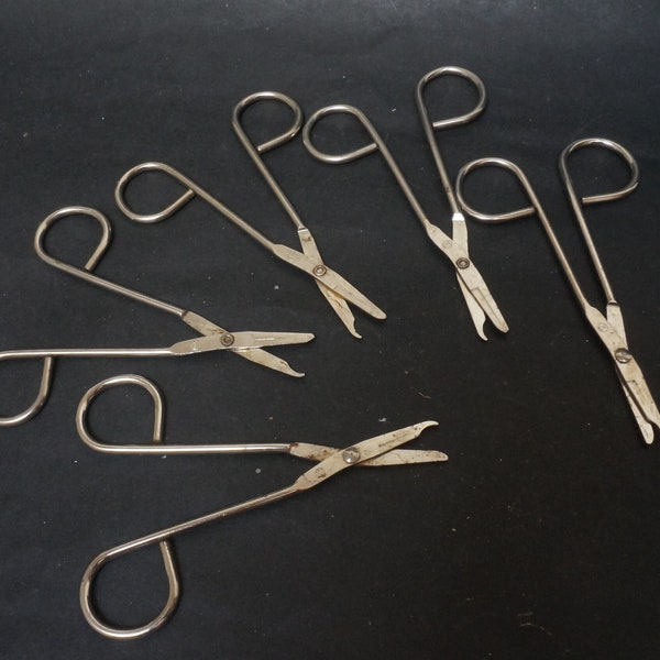 Set of 6 vintage surgical suture scissors, retro old long handled medical tool for stitch removal with curved tip removal forceps one hook