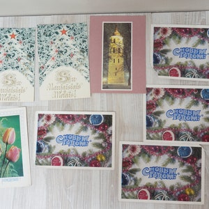 Lotto di 8 cartoline d'epoca di Natale e Capodanno, sovietiche, retrò, URSS, russe, anni '70, realizzate in Lituania, con foto, decorazioni per alberi e stelle, set sfuso.