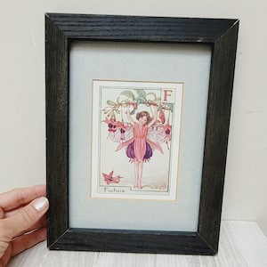 Fée des fleurs fuchsia par Cecily Mary Barker, impression de peinture murale vintage lettre F montée dans un cadre en bois, photo de fille britannique