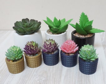 Artificial potted succulent in ceramic vase pot planter handmade faux fake imitation simulation with green flower round cylinder shape