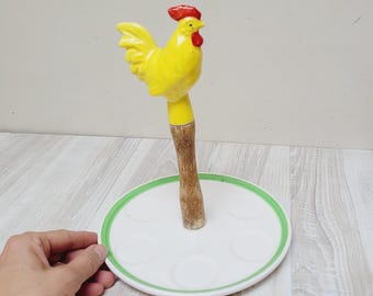 Chick handle Easter 6 egg plate, rooster hen bowl, Vintage Retro chicken bird porcelain pottery made in UK, yellow ceramic holder animal old