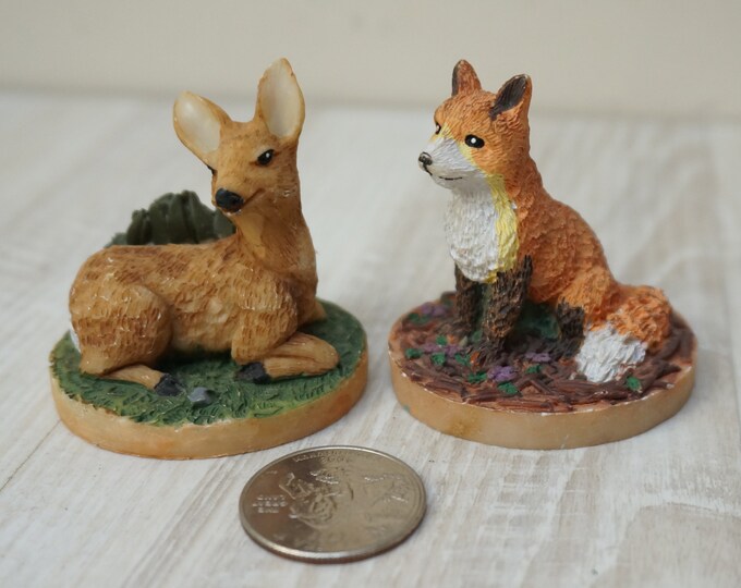 2 Tetley 1997 Animal Figurines, Deer and Fox, Miniature Resin Set
