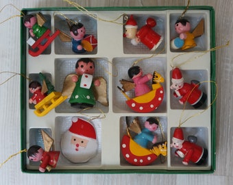 12 German Erzgebirge ornaments dolls angels musicians on rocking horse santa Vintage Christmas wooden Figurine made in Germany set lot DDR