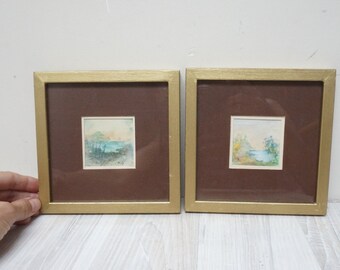 Set of 2 original Gustavsson Gustav Henry watercolor, small framed picture vintage landscape scenery art room decor wooden frame little mini