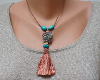 Tribal pebble copper Necklace, surfer wrapped wire Boho pendant Jewelry hippie fringe tassel brass bronze on leather strap brown turquoise