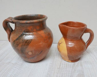 2 Primitive rustic small ceramic vase, pitcher jug shape handled single handle clay mini brown handmade hand sculpted Vintage Retro decor