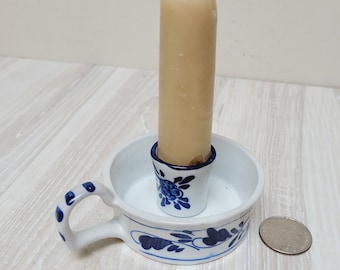 Blue Delft finger hole handle Dutch porcelain candle holder, ceramic candlestick taper candleholder made in Holland Netherlands hand painted