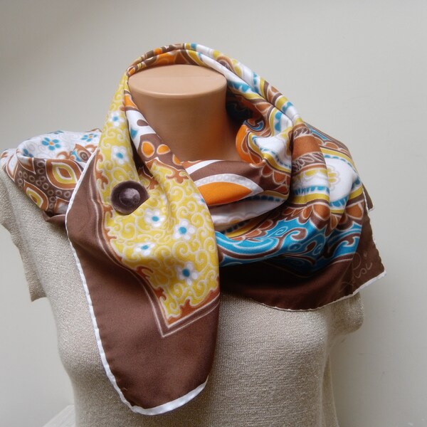 Pañuelo de cabeza Le Roi con alfiler, chal grande grande floral paisley terciopelo botón broche estampado geométrico hecho por Retro marrón naranja azul cuadrado 1970s